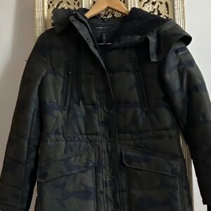 BCBGMaxAzria Camo Winter Coat Jacket Green Black Brown warm winter coat